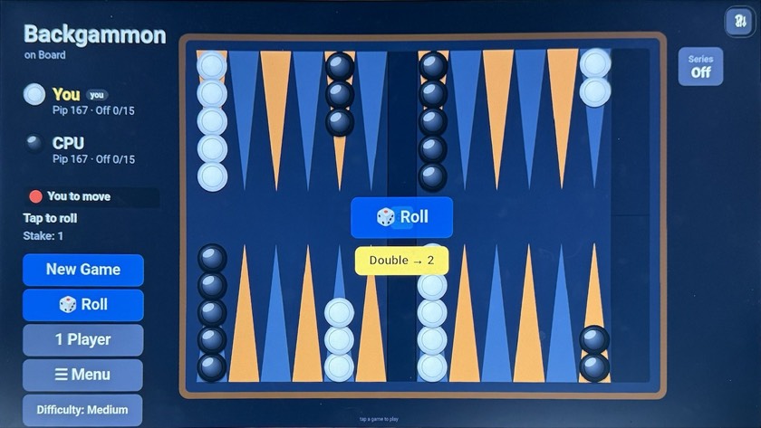 Backgammon running on the Board, showing pip counts for both players, a Roll button and a doubling cube offering Double to 2.