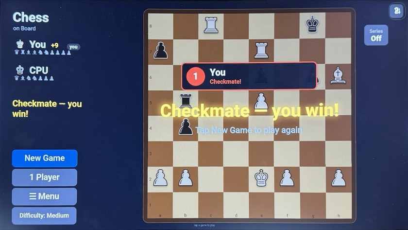 Chess on the Board at the end of a game, showing captured pieces, a plus nine material advantage and a checkmate banner.