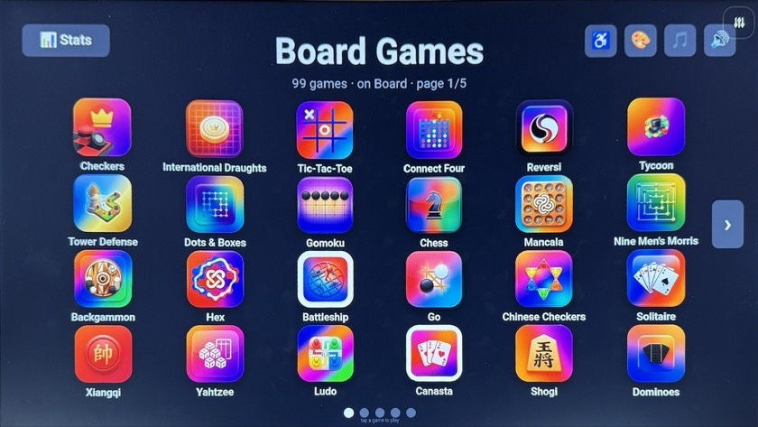 The launcher on the Board: a grid of game tiles reading 99 games, on Board, page 1 of 5.