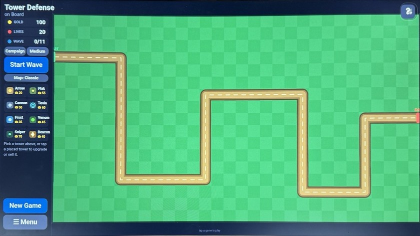 Tower Defense on the Board: a winding path across a green map, with gold, lives, wave counter and eight tower types with prices.