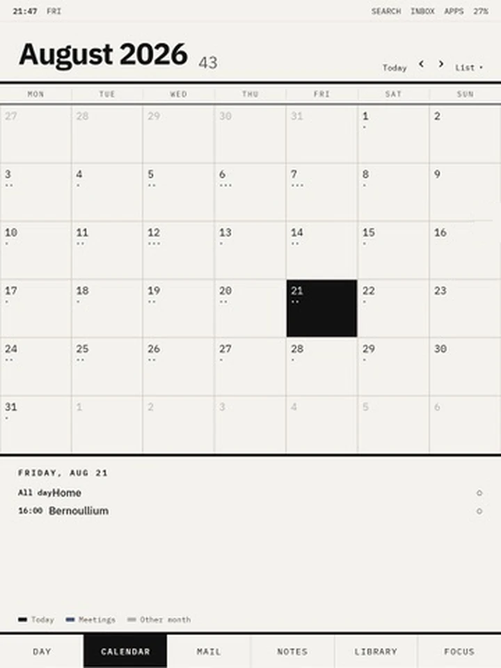 The Calendar tab showing a month grid for August 2026 with the selected day expanded below.
