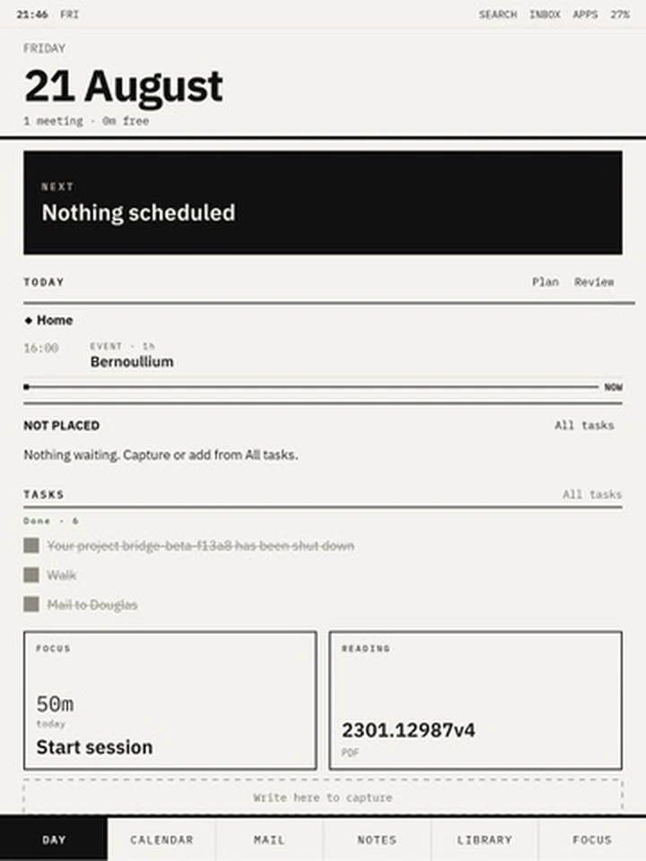 The Day tab: date, next event, today's schedule, unplaced and completed tasks, and focus and reading tiles.