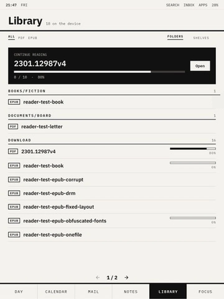 The Library tab listing EPUB and PDF files, including test fixtures named reader-test-epub-corrupt, -drm, -fixed-layout, -obfuscated-fonts and -onefile.