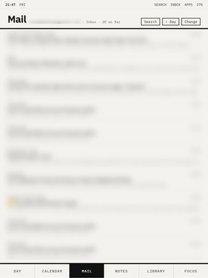 The Mail tab showing a Gmail inbox rendered as a dense list of senders, subjects and previews, blurred for privacy.