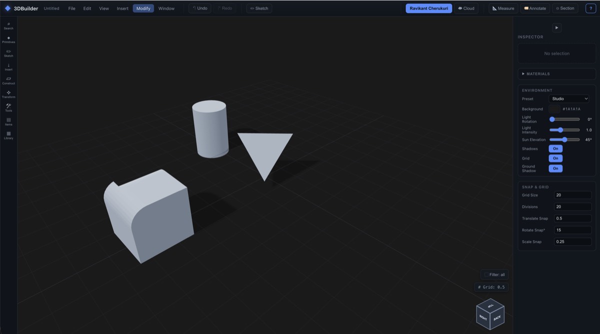3DBuilder: a dark in-browser CAD editor with a filleted box and cylinder on a grid, tool rail on the left, and an inspector with environment and snap settings on the right.