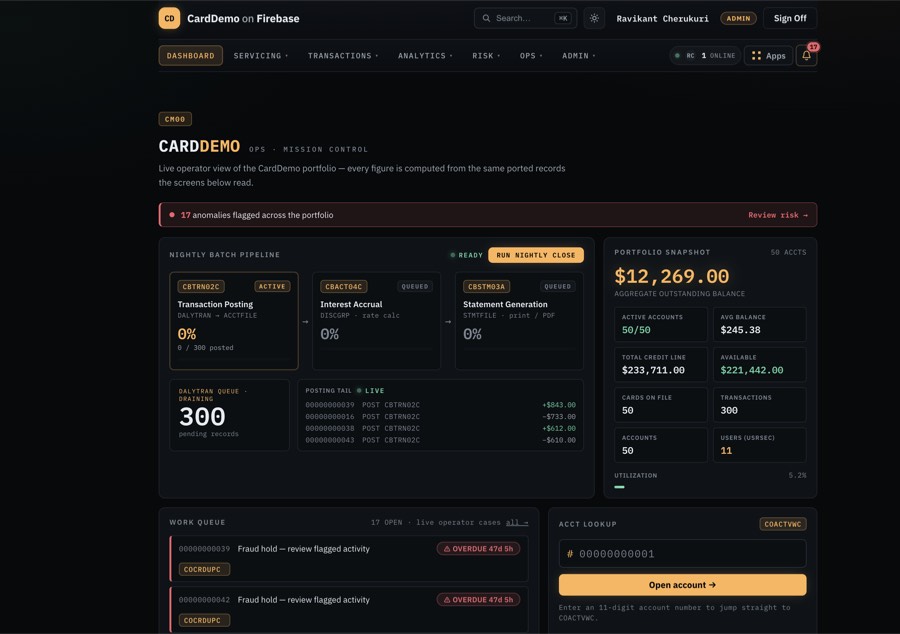 CardDemo on Firebase: an operator dashboard showing a nightly batch pipeline, a draining transaction queue, a portfolio snapshot and a work queue of flagged accounts.