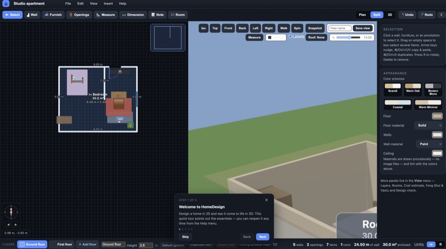 HomeDesign: a split view with a dimensioned 2D floor plan on the left and a 3D render of the same room on the right.