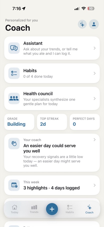 The Coach tab: an assistant that logs food from a sentence, a health council of specialists, and a recovery-aware suggestion.