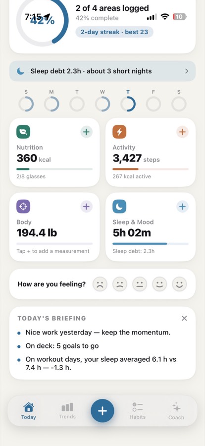 The same day scrolled: a 42 percent completion ring, a week of daily rings, and cards for Nutrition, Activity, Body, and Sleep and Mood.