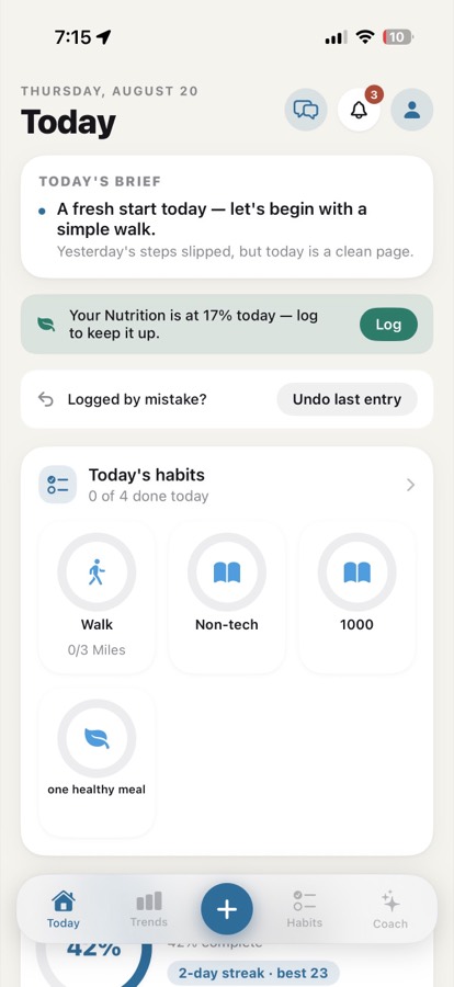 Vivora's Today screen: a daily brief, a nutrition nudge with a Log button, an undo control, and four habit tiles.
